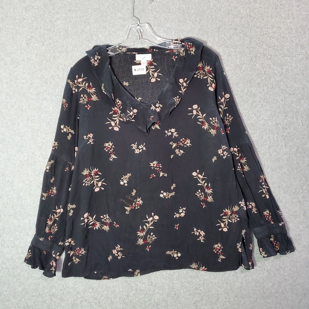 J JIll Women Top Medium Black‎ Floral Shirt Long Sleeve Ruffle V Neck